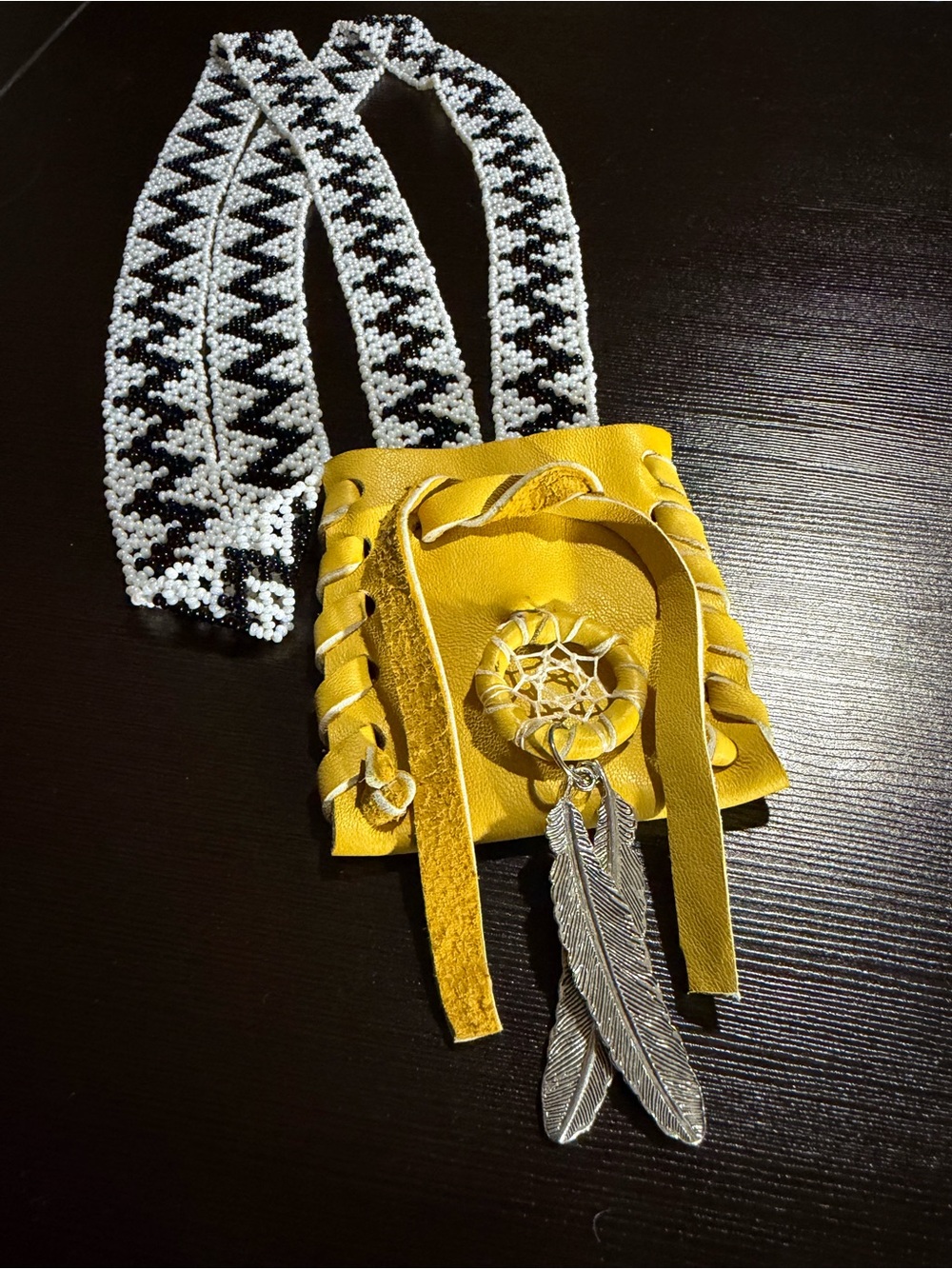 Handmade Yellow Leather Dreamcatcher Pouch with Black & White Beaded Strap